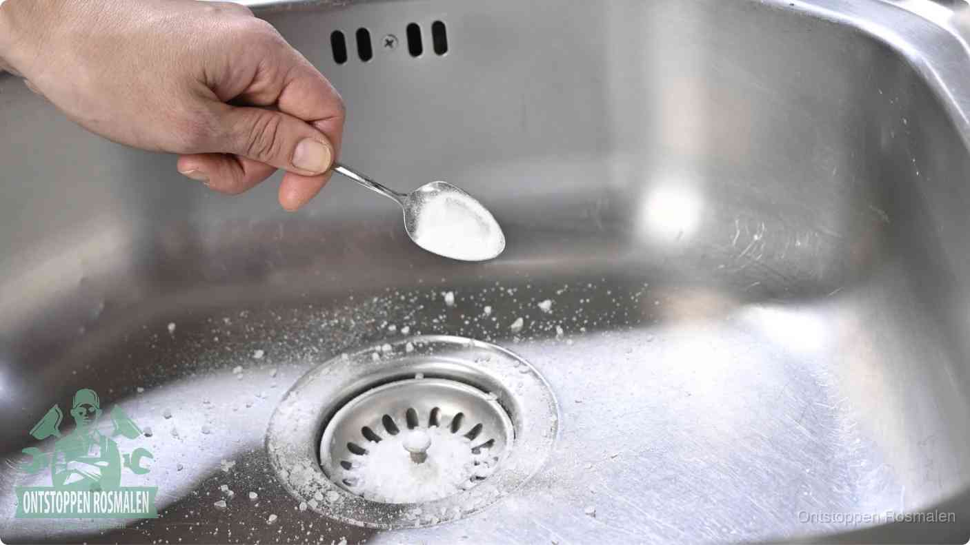 Een hand strooit met een lepel soda in de afvoer van een roestvrijstalen spoelbak, de soda en azijn huismiddel-methode om de afvoer te ontstoppen in Rosmalen