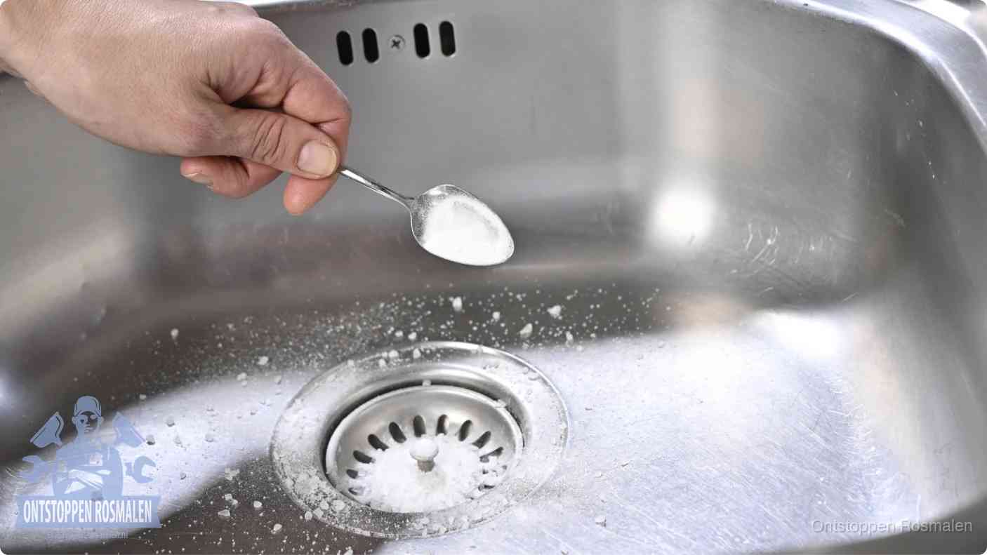 Een hand strooit met een lepel soda in een afvoerputje, de soda en azijn huismiddel-methode om de wc te ontstoppen in Rosmalen